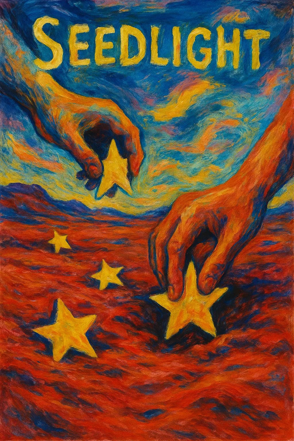 Example output from the Surreal Gouache Fantasy Poster ChatGPT prompt: Seedlight.