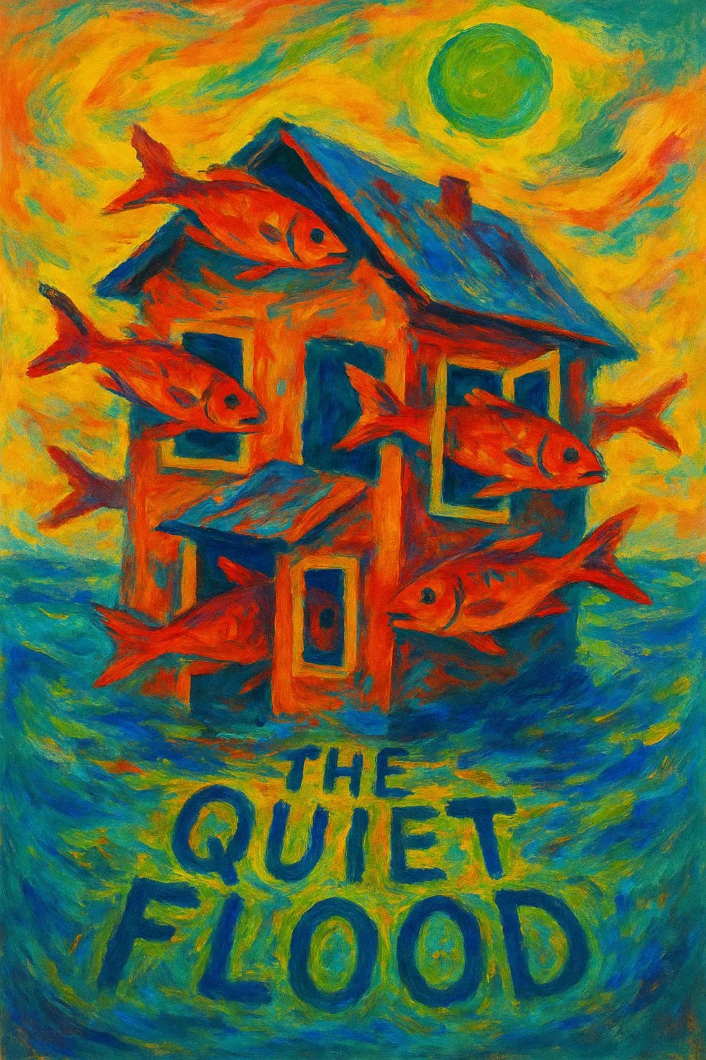 Example output from the Surreal Gouache Fantasy Poster ChatGPT prompt: The Quiet Flood.