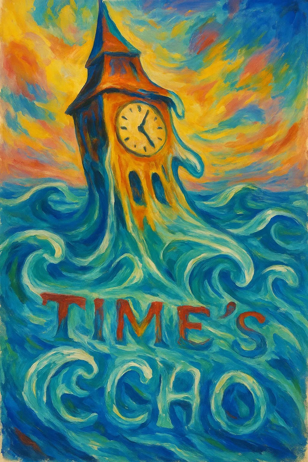 Example output from the Surreal Gouache Fantasy Poster ChatGPT prompt: Time's Echo.