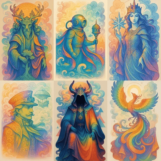 Example output of surreal gradient art portraits generated by a ChatGPT prompt template, showcasing vibrant rainbow gradients, fine vector lines, ethereal clouds and abstract shapes in portrait orientation on a neutral background.