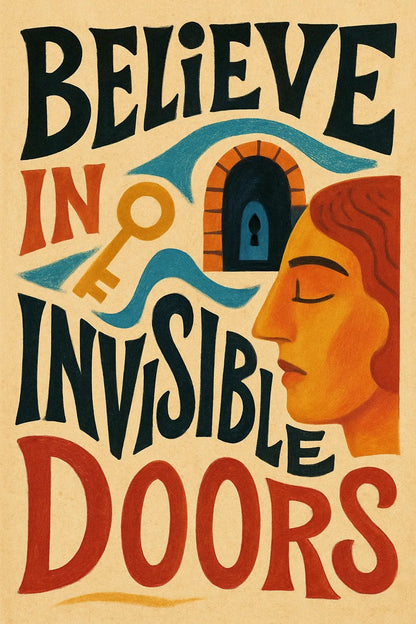 Example output from the Surreal Illustrated Quote Posters ChatGPT prompt: expressive posters. Believe in invisible doors.