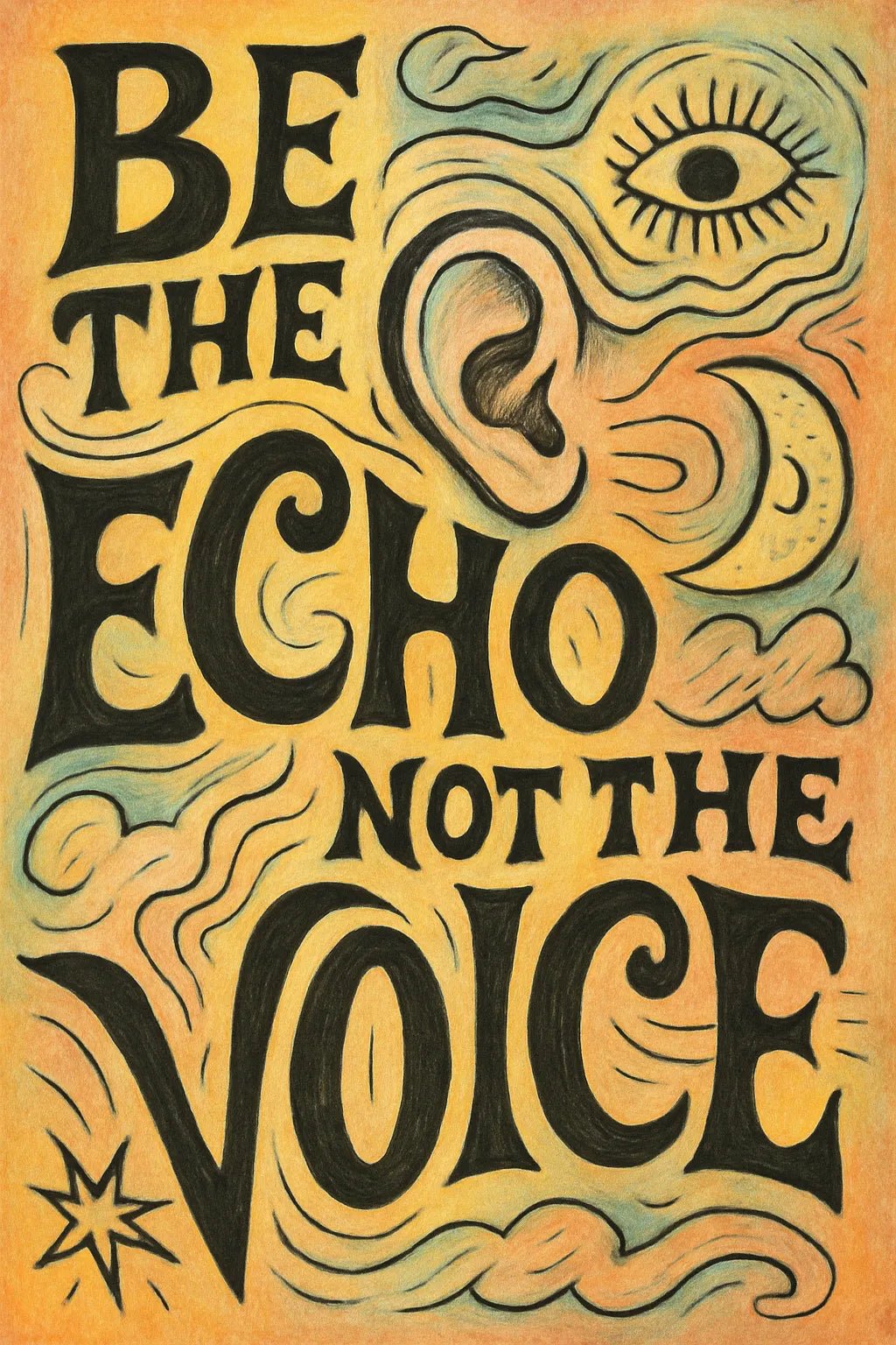 Example output from the Surreal Illustrated Quote Posters ChatGPT prompt: expressive posters. Be the echo not the voice.