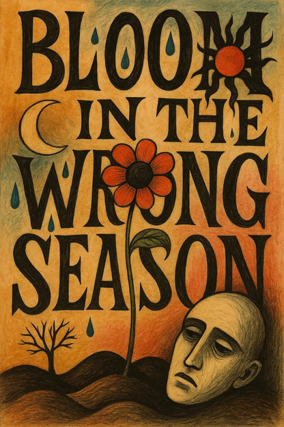 Example output from the Surreal Illustrated Quote Posters ChatGPT prompt: expressive posters. Bloom in the wrong season.