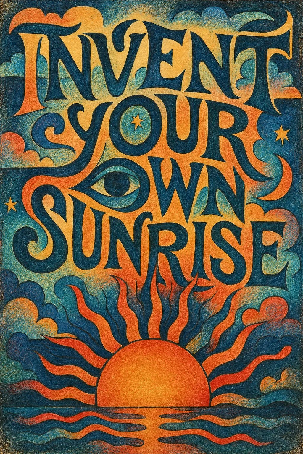 Example output from the Surreal Illustrated Quote Posters ChatGPT prompt: expressive posters. Invent your own sunrise.
