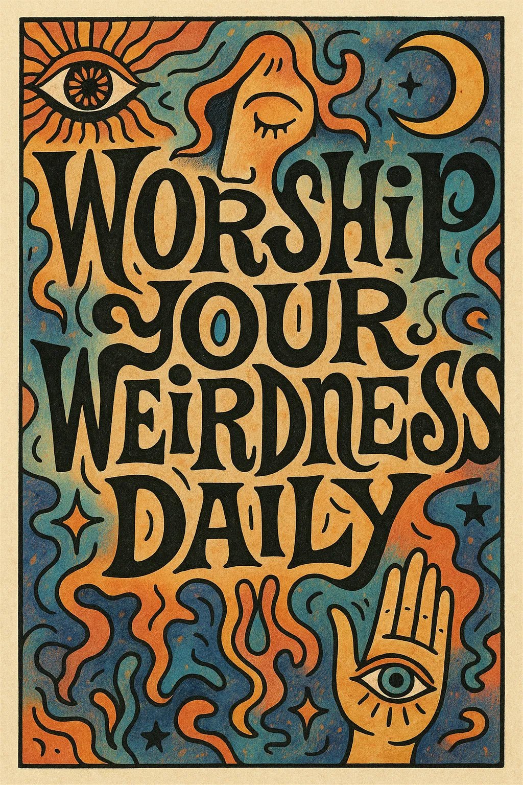 Example output from the Surreal Illustrated Quote Posters ChatGPT prompt: expressive posters. Workship your weirdness daily.