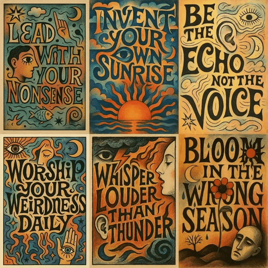 Example output from the Surreal Illustrated Quote Posters ChatGPT prompt: expressive posters with warped hand-drawn text and symbolic imagery, featuring emotional phrases fused with vibrant illustrative depth.