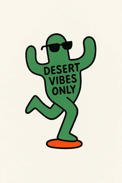 Example output from the Surreal Minimalist Flat Art ChatGPT prompt: quirky flat illustration of Desert Vibes Only