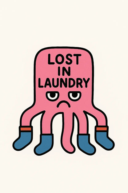Example output from the Surreal Minimalist Flat Art ChatGPT prompt: quirky flat illustration of Lost in laundry