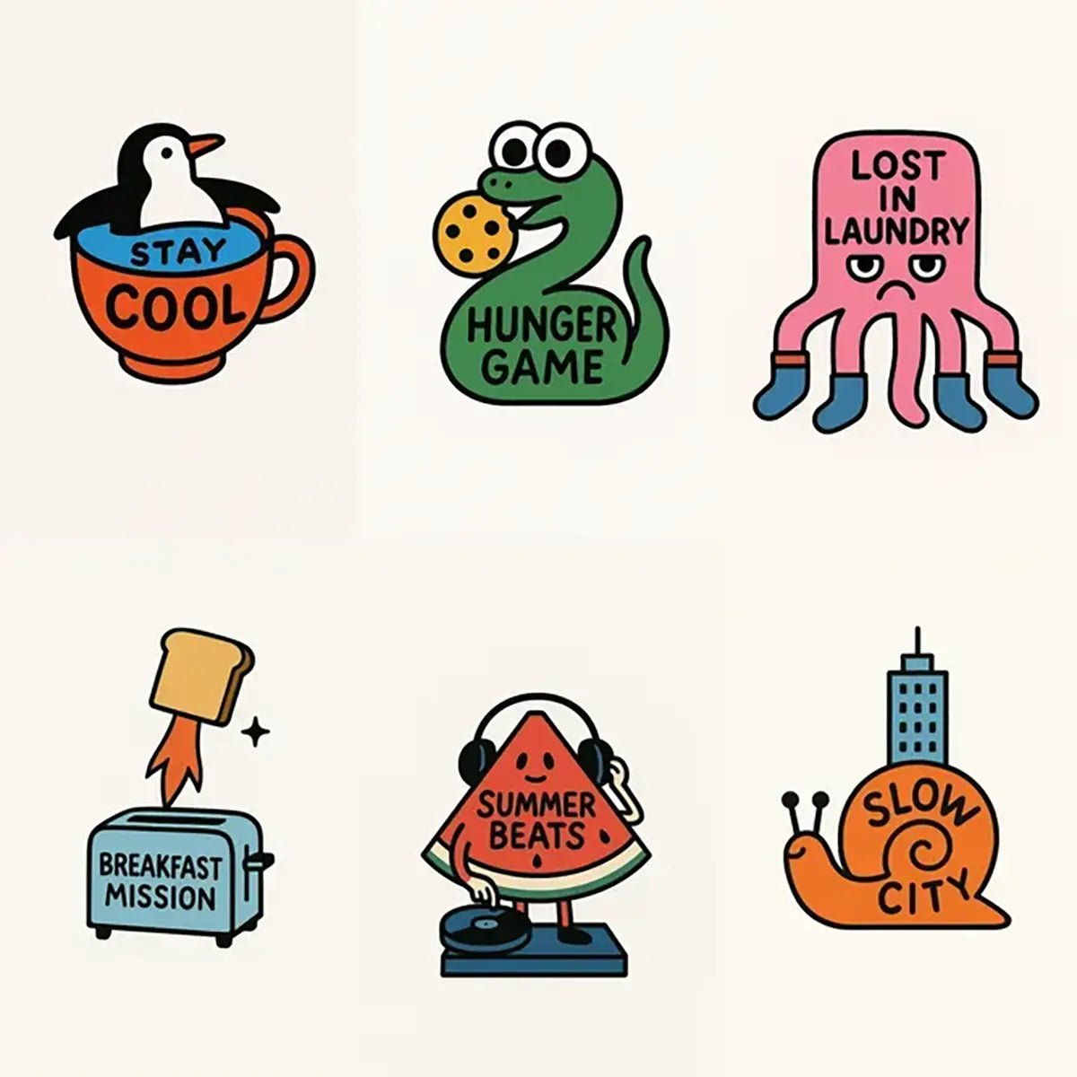 Example output from the Surreal Minimalist Flat Art ChatGPT prompt: six quirky flat illustrations with bold outlines, integrated text, and clean modern shapes.