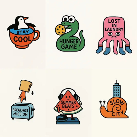 Example output from the Surreal Minimalist Flat Art ChatGPT prompt: six quirky flat illustrations with bold outlines, integrated text, and clean modern shapes.