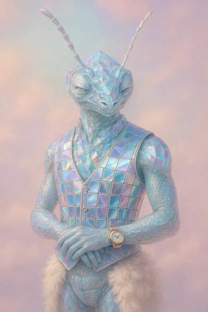 Example output of surreal plush animal portrait generated by a ChatGPT prompt template, featuring a Beetle.