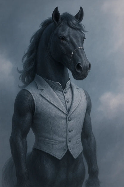 Example output of surreal plush animal portrait generated by a ChatGPT prompt template, featuring a Horse.