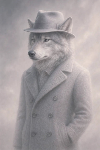 Example output of surreal plush animal portrait generated by a ChatGPT prompt template, featuring a Wolf.