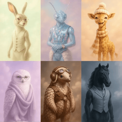 Example output of surreal plush animal portraits generated by a ChatGPT prompt template, featuring a bespectacled rabbit in a vest, iridescent chameleon in a mosaic waistcoat, smiling giraffe in a knit cap, regal snowy owl in draped cloak, aviator pangolin, and stoic horse in tailored vest—each on a dreamy gradient background with diffuse lighting and plush texture.
