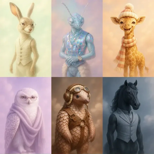 Example output of surreal plush animal portraits generated by a ChatGPT prompt template, featuring a bespectacled rabbit in a vest, iridescent chameleon in a mosaic waistcoat, smiling giraffe in a knit cap, regal snowy owl in draped cloak, aviator pangolin, and stoic horse in tailored vest—each on a dreamy gradient background with diffuse lighting and plush texture.