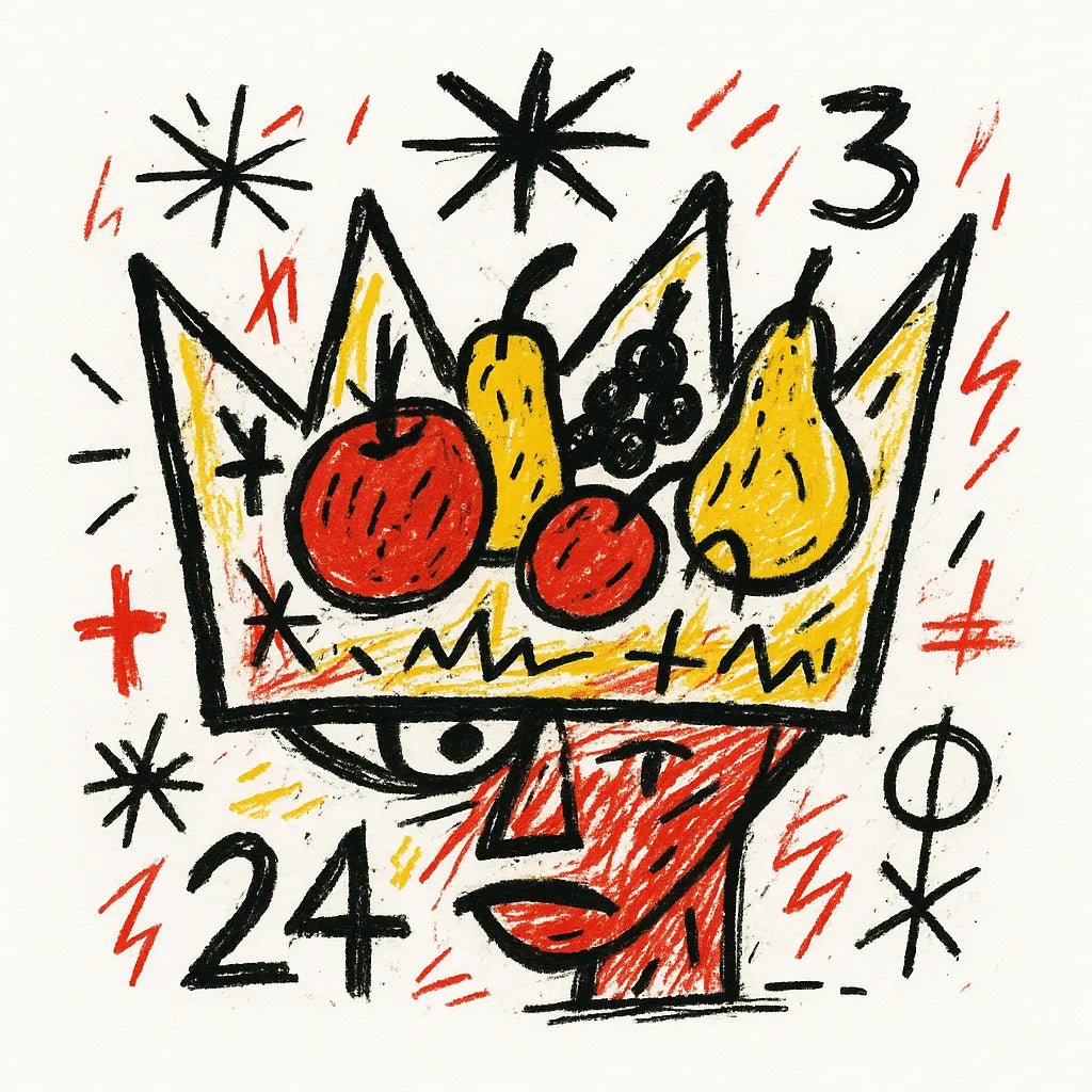 Example output from the Surreal Primitive Illustration ChatGPT prompt: King of Fruits