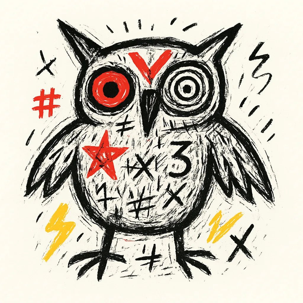 Example output from the Surreal Primitive Illustration ChatGPT prompt: Owl