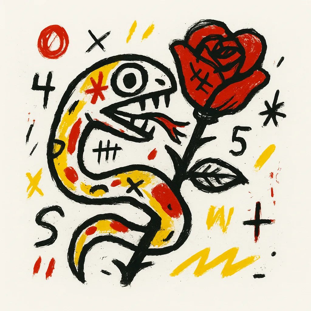 Example output from the Surreal Primitive Illustration ChatGPT prompt: Snake and Rose