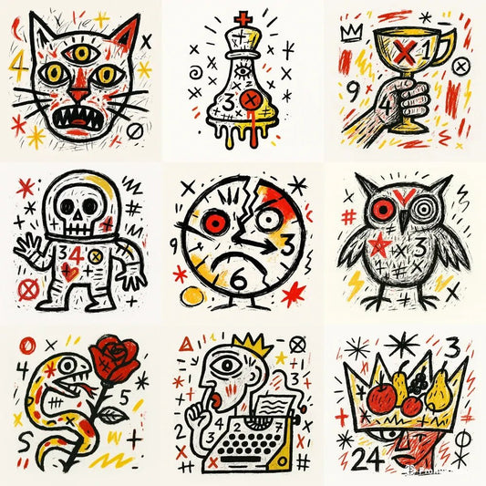 Example output from the Surreal Primitive Illustration ChatGPT prompt: chaotic asymmetric artwork with bold primitive outlines, graffiti-like energy, blood red and yellow highlights, and raw surreal symbols.