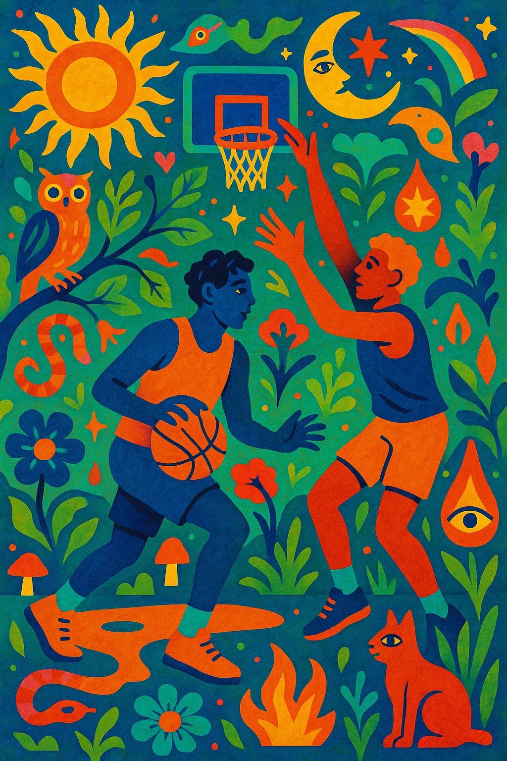 Example output from the Surreal Psychedelic Folk Art ChatGPT prompt: Basketball
