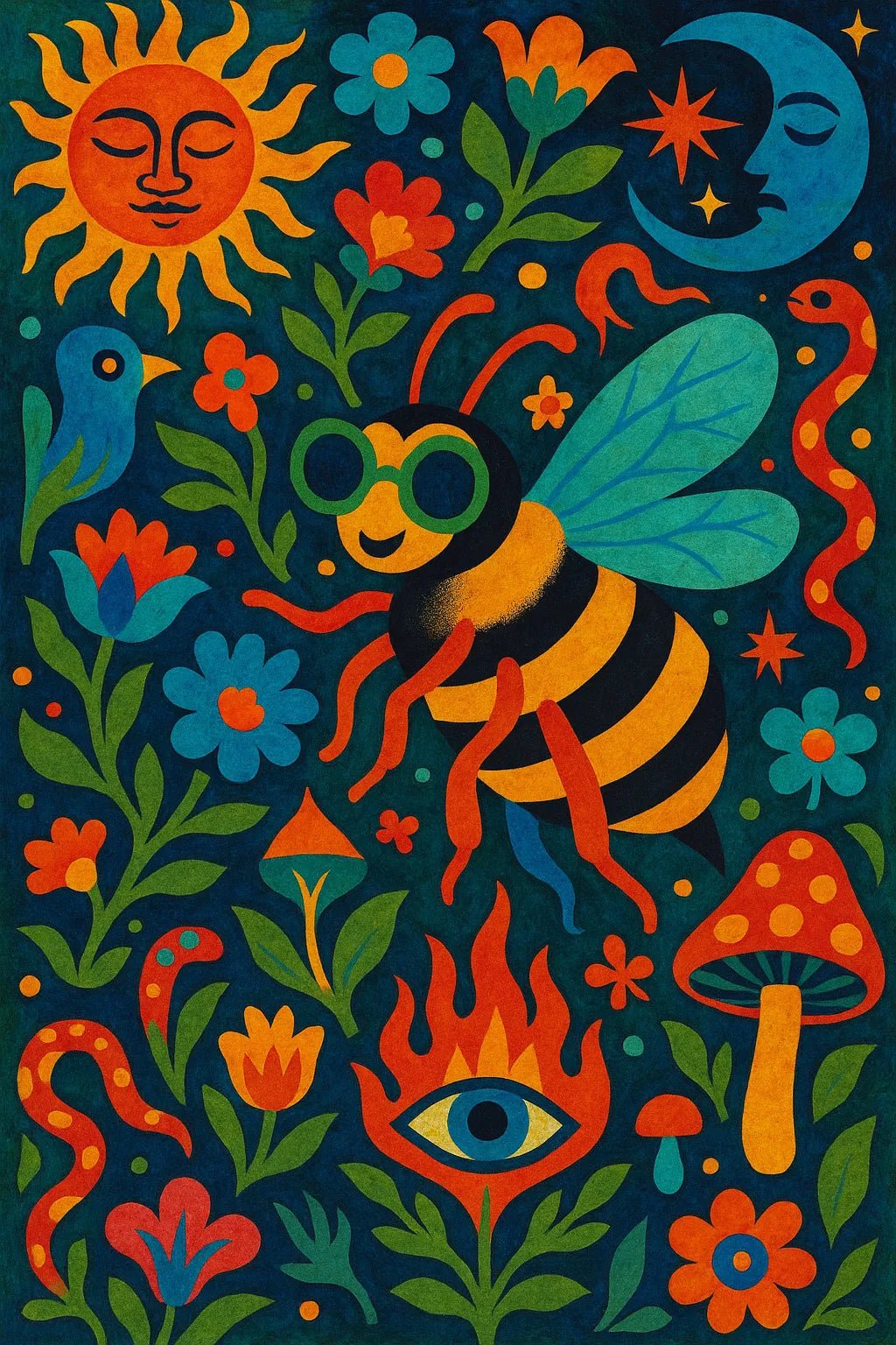 Example output from the Surreal Psychedelic Folk Art ChatGPT prompt: Bee
