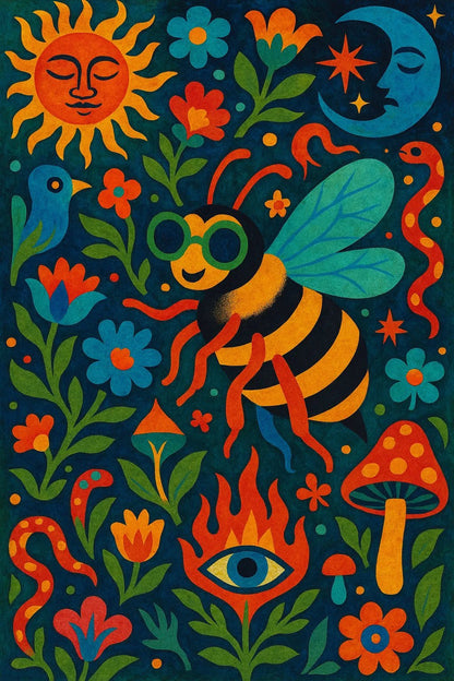 Example output from the Surreal Psychedelic Folk Art ChatGPT prompt: Bee