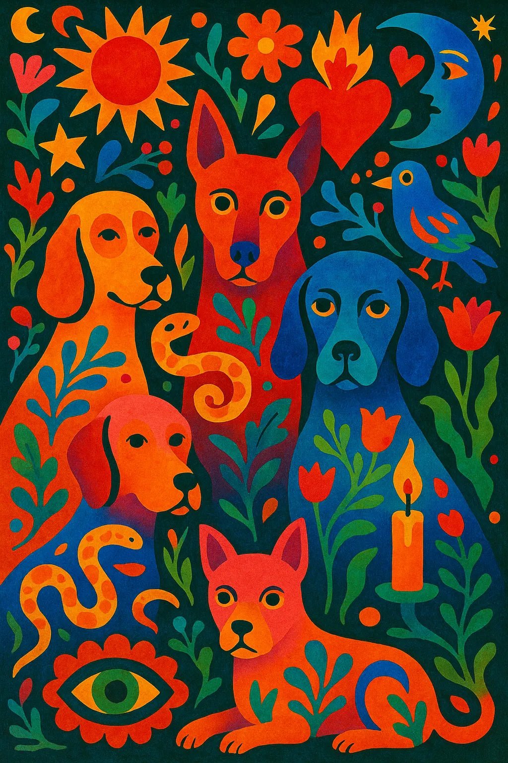 Example output from the Surreal Psychedelic Folk Art ChatGPT prompt: Dog Gang