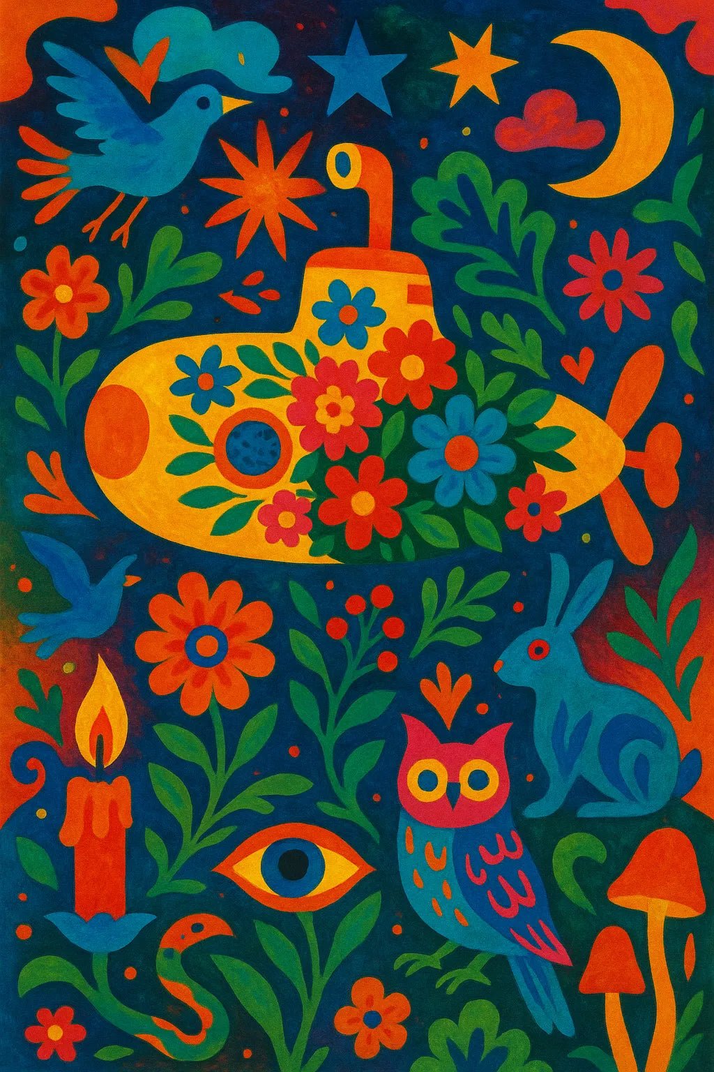 Example output from the Surreal Psychedelic Folk Art ChatGPT prompt: Flower Submarine