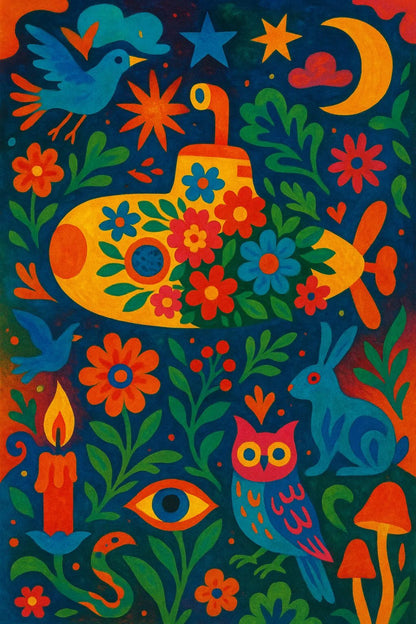 Example output from the Surreal Psychedelic Folk Art ChatGPT prompt: Flower Submarine