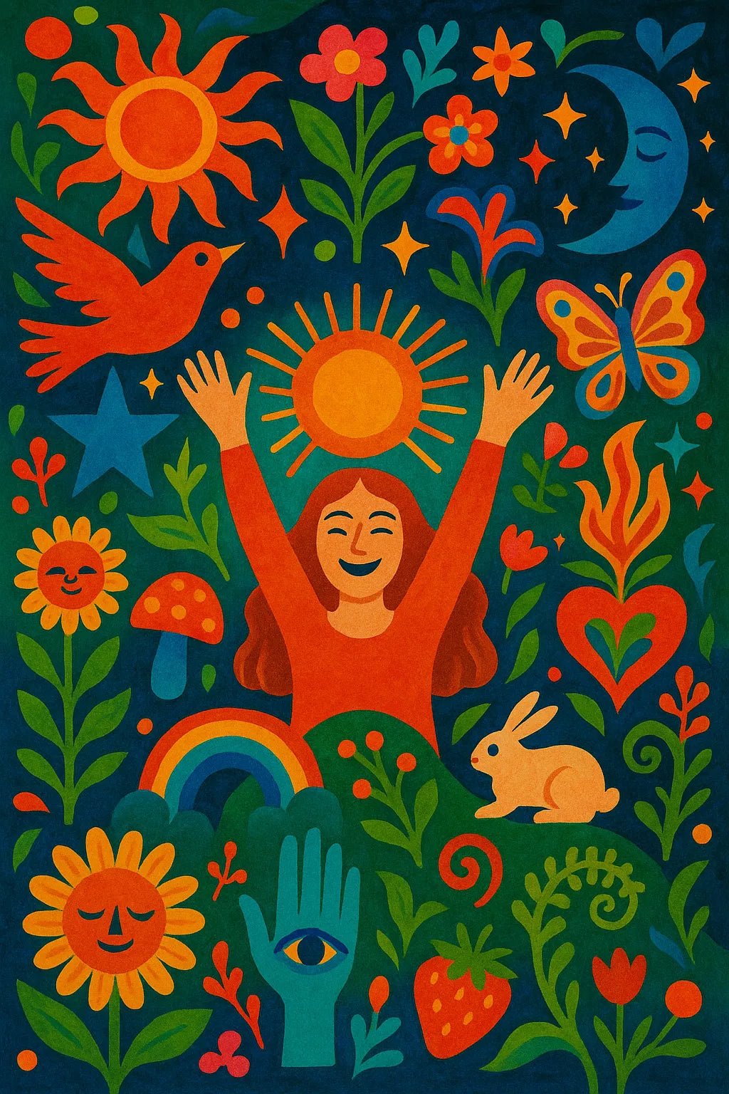 Example output from the Surreal Psychedelic Folk Art ChatGPT prompt: Happiness
