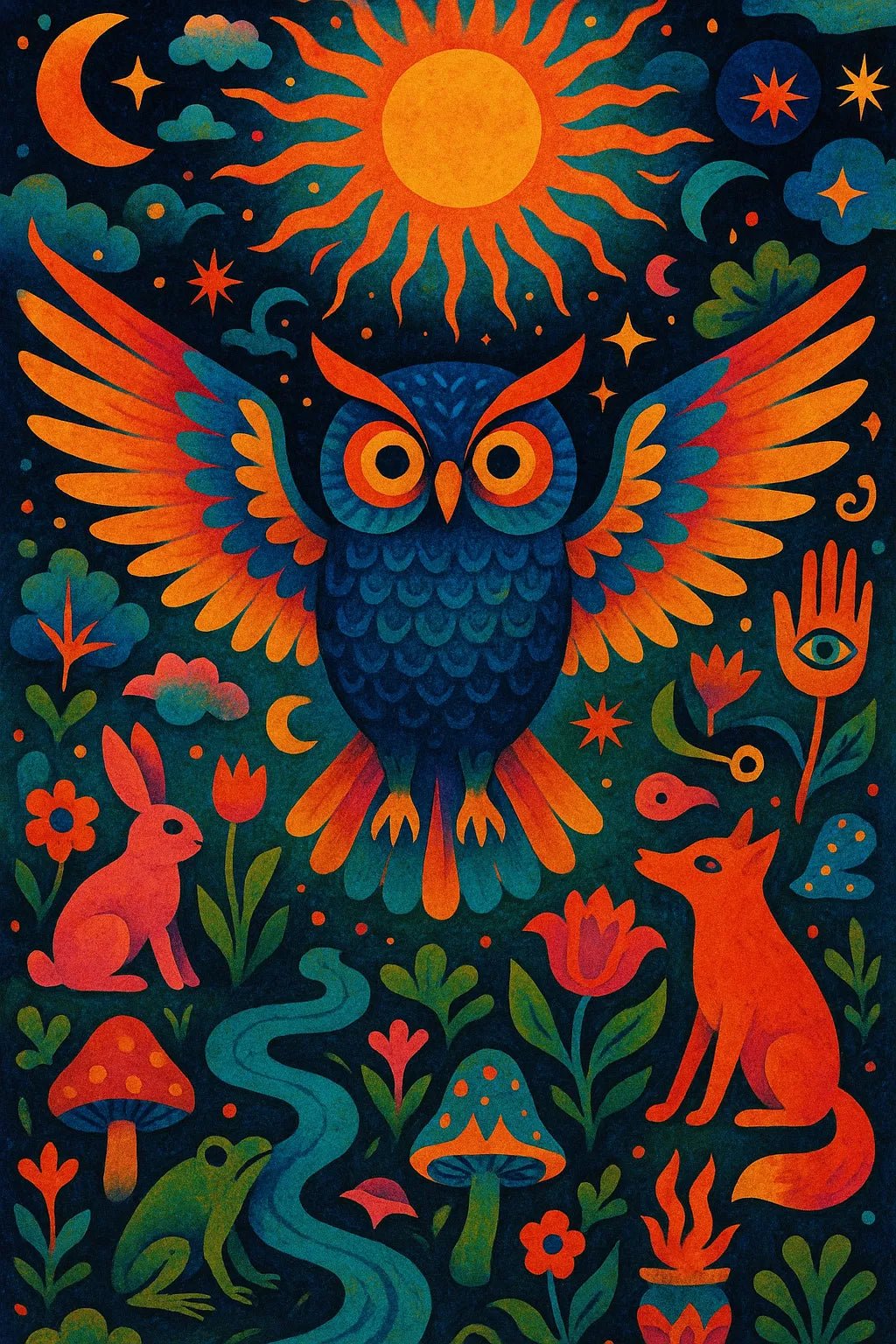 Example output from the Surreal Psychedelic Folk Art ChatGPT prompt: Owl