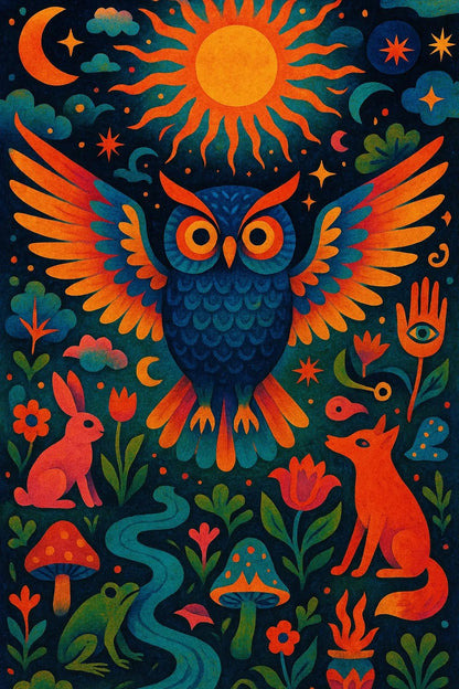 Example output from the Surreal Psychedelic Folk Art ChatGPT prompt: Owl