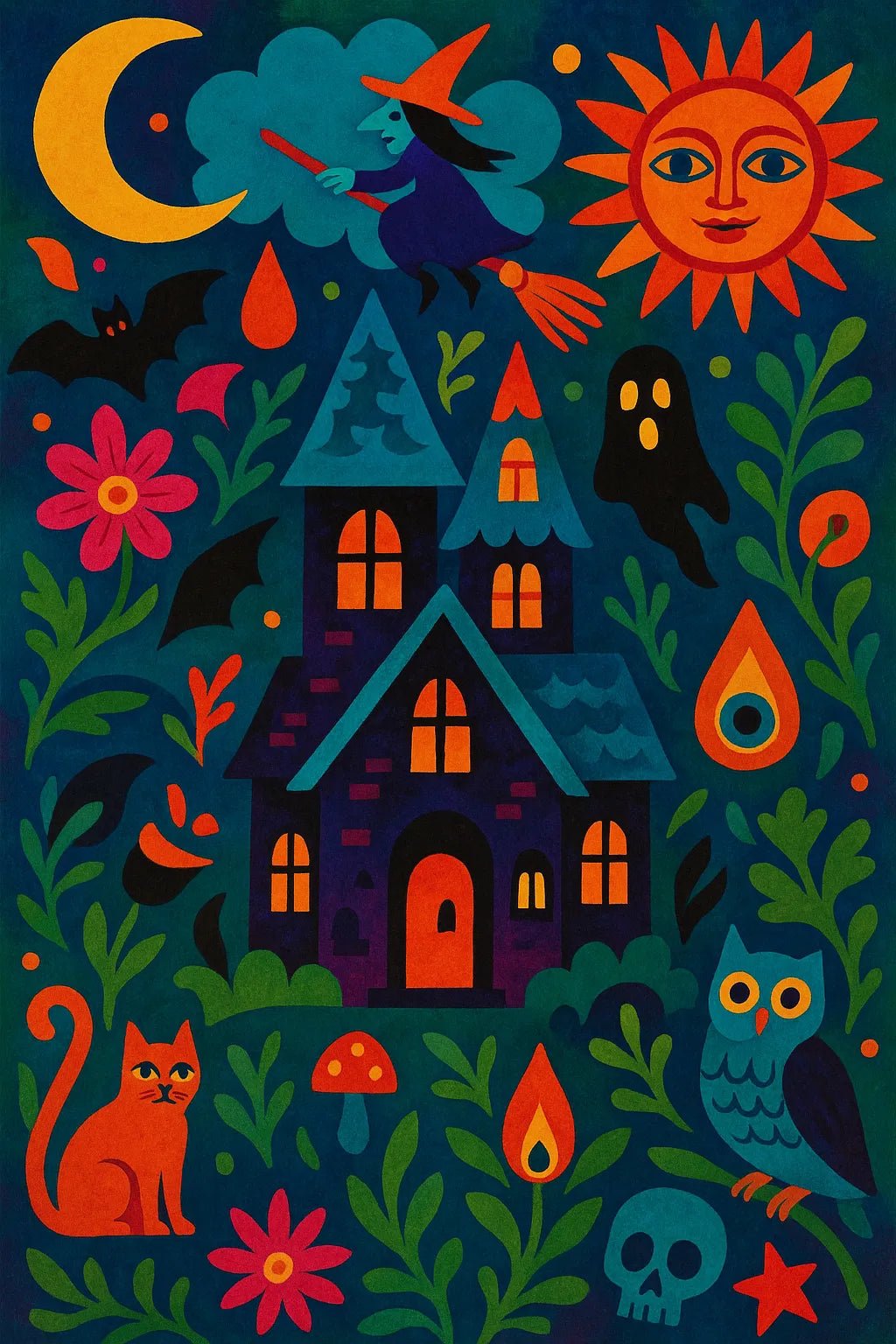 Example output from the Surreal Psychedelic Folk Art ChatGPT prompt: Scary House