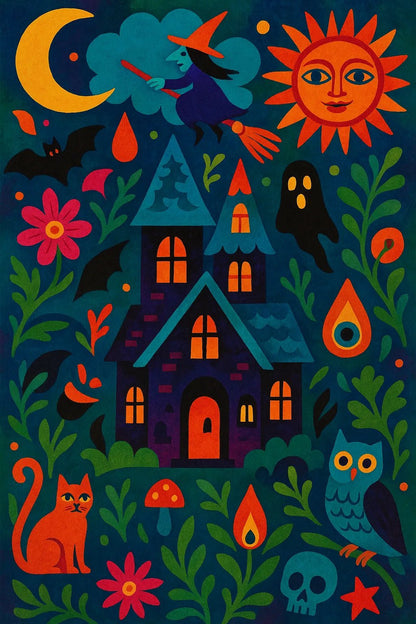 Example output from the Surreal Psychedelic Folk Art ChatGPT prompt: Scary House