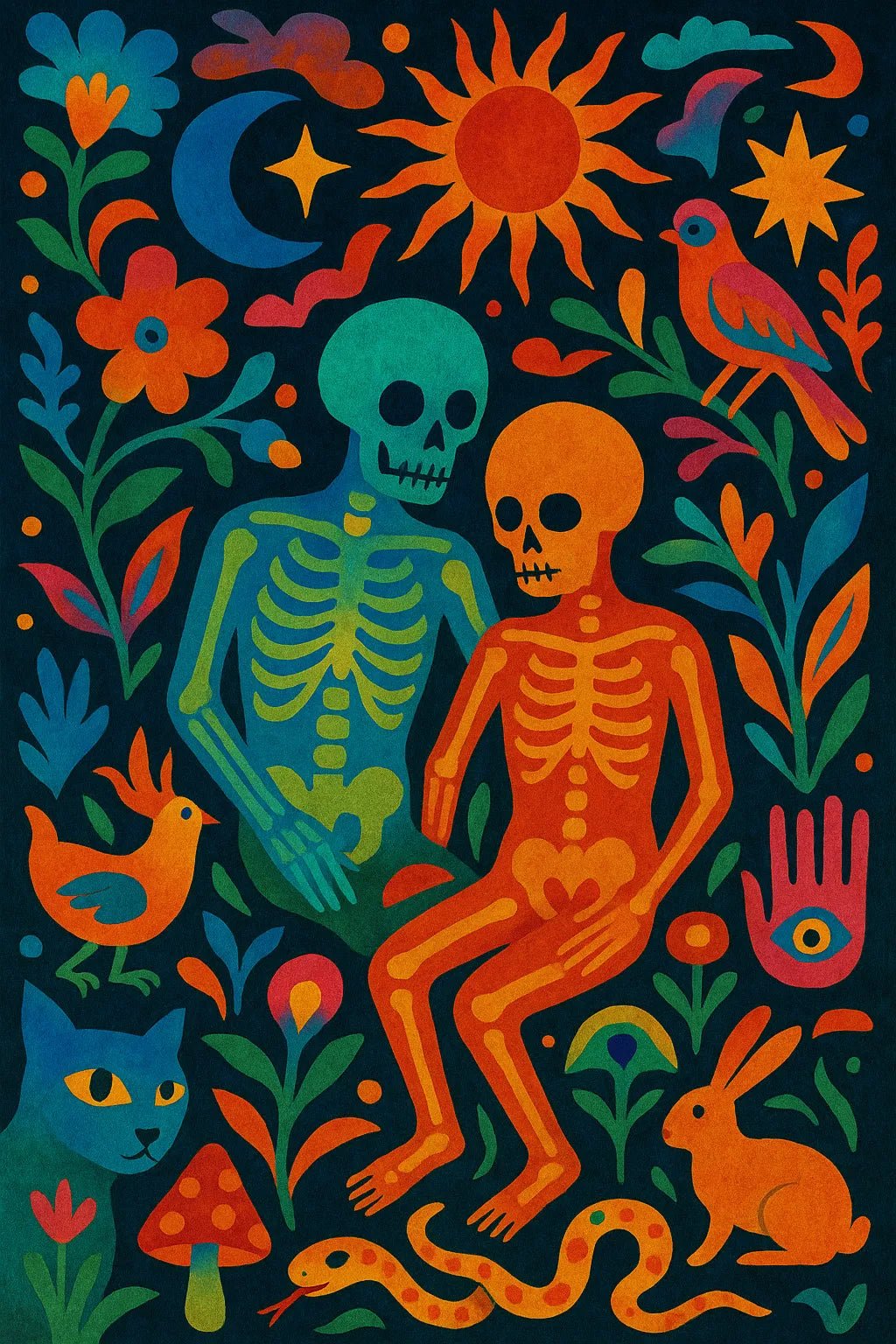 Example output from the Surreal Psychedelic Folk Art ChatGPT prompt: Skull Couple