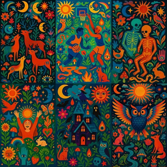 Example output from the Surreal Psychedelic Folk Art ChatGPT prompt: vibrant folk-style illustrations filled with symbolic animals, plants, celestial motifs, and mystical figures, rendered in surreal colors and dense storytelling layouts.