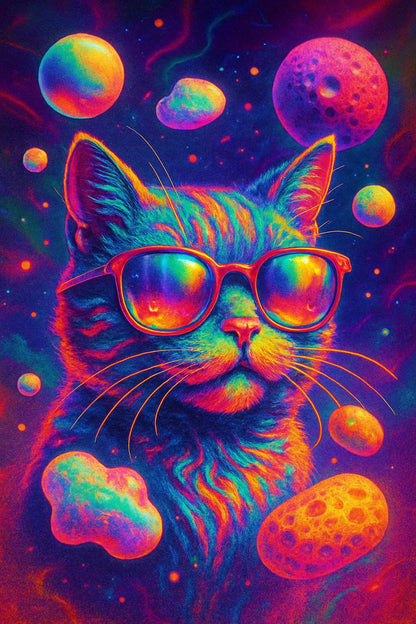 Example output from the Surreal Psychedelic Portrait Art ChatGPT prompt: vivid, hyper-saturated portraits. Cat.