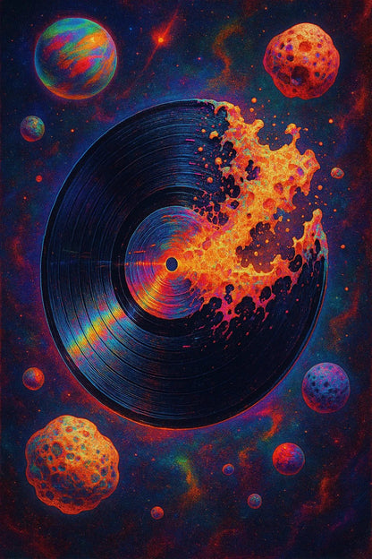 Example output from the Surreal Psychedelic Portrait Art ChatGPT prompt: vivid, hyper-saturated portraits. Disk.