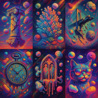 Example output from the Surreal Psychedelic Portrait Art ChatGPT prompt: vivid, hyper-saturated portraits with floating textures, cosmic patterns, and hallucinogenic glitch-pop fusion in surreal visual compositions.