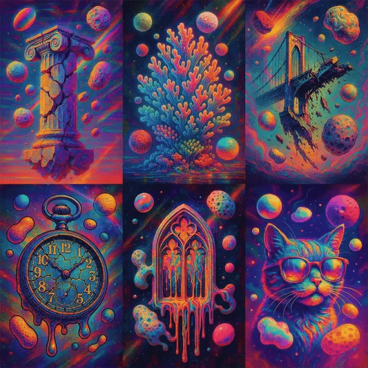 Example output from the Surreal Psychedelic Portrait Art ChatGPT prompt: vivid, hyper-saturated portraits with floating textures, cosmic patterns, and hallucinogenic glitch-pop fusion in surreal visual compositions.