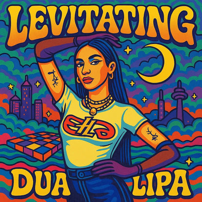Example output from the Surreal Psychedelic Song Album Covers ChatGPT prompt: square-format album art with surreal, trippy characters, vivid colors, and psychedelic fonts—styled for musicians and creative branding. Levitating, Dua Lipa.