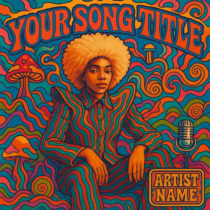 Example output from the Surreal Psychedelic Song Album Covers ChatGPT prompt: square-format album art with surreal, trippy characters, vivid colors, and psychedelic fonts—styled for musicians and creative branding. Your Song Title, Artist Name.