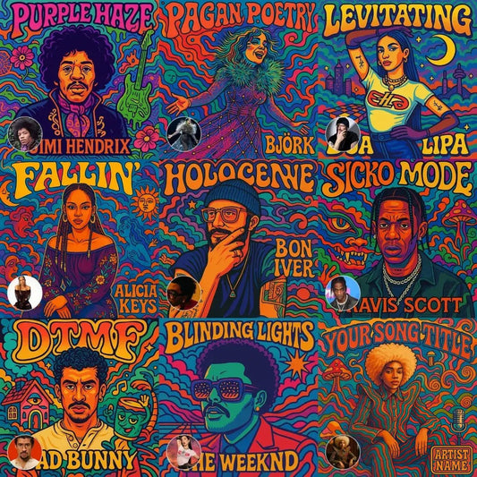 Example output from the Surreal Psychedelic Song Album Covers ChatGPT prompt: square-format album art with surreal, trippy characters, vivid colors, and psychedelic fonts—styled for musicians and creative branding.