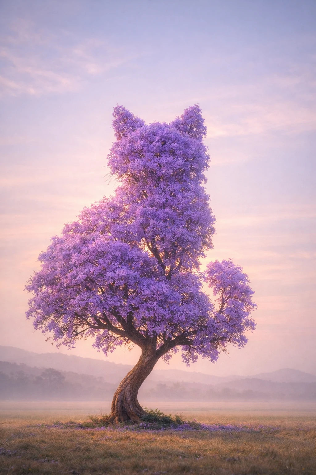 Surreal fine-art trees shaped like cat silhouettes in cinematic pastel landscape with dreamlike lighting