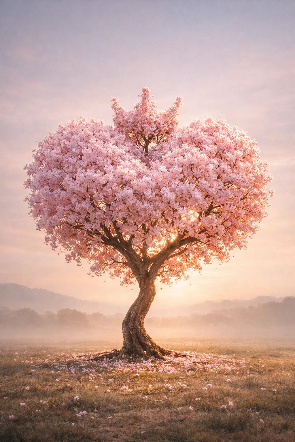 Surreal fine-art trees shaped like crowned heart silhouettes in cinematic pastel landscape with dreamlike lighting