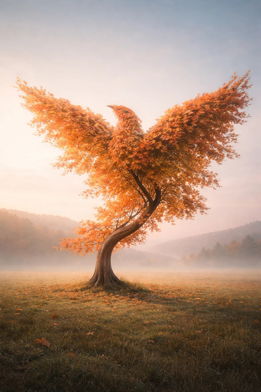 Surreal fine-art trees shaped like flying bird silhouettes in cinematic pastel landscape with dreamlike lighting