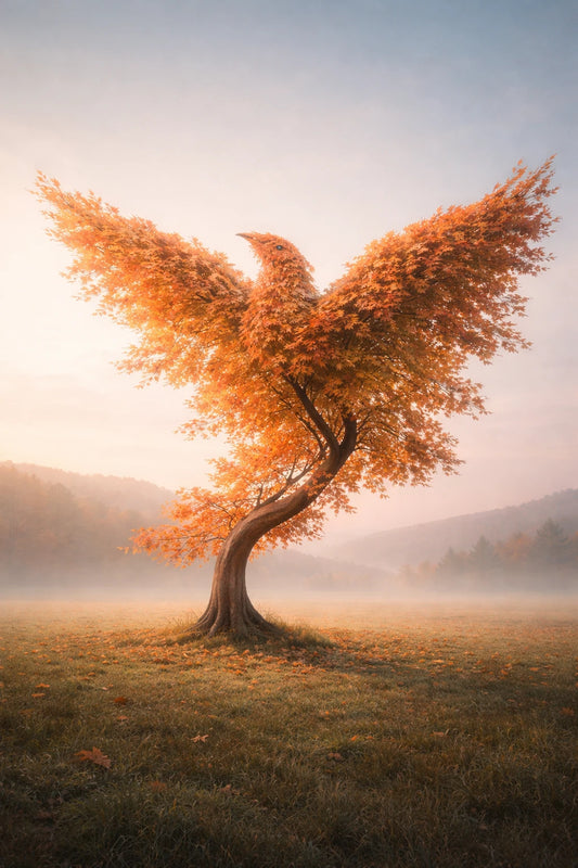 Surreal fine-art trees shaped like flying bird silhouettes in cinematic pastel landscape with dreamlike lighting