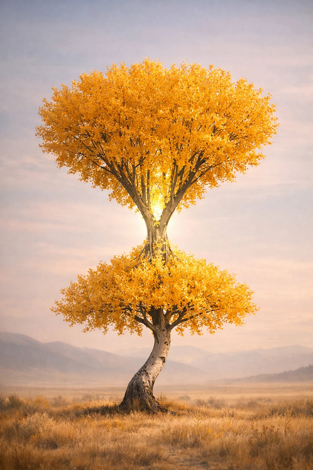 Surreal fine-art trees shaped like hourglass silhouettes in cinematic pastel landscape with dreamlike lighting