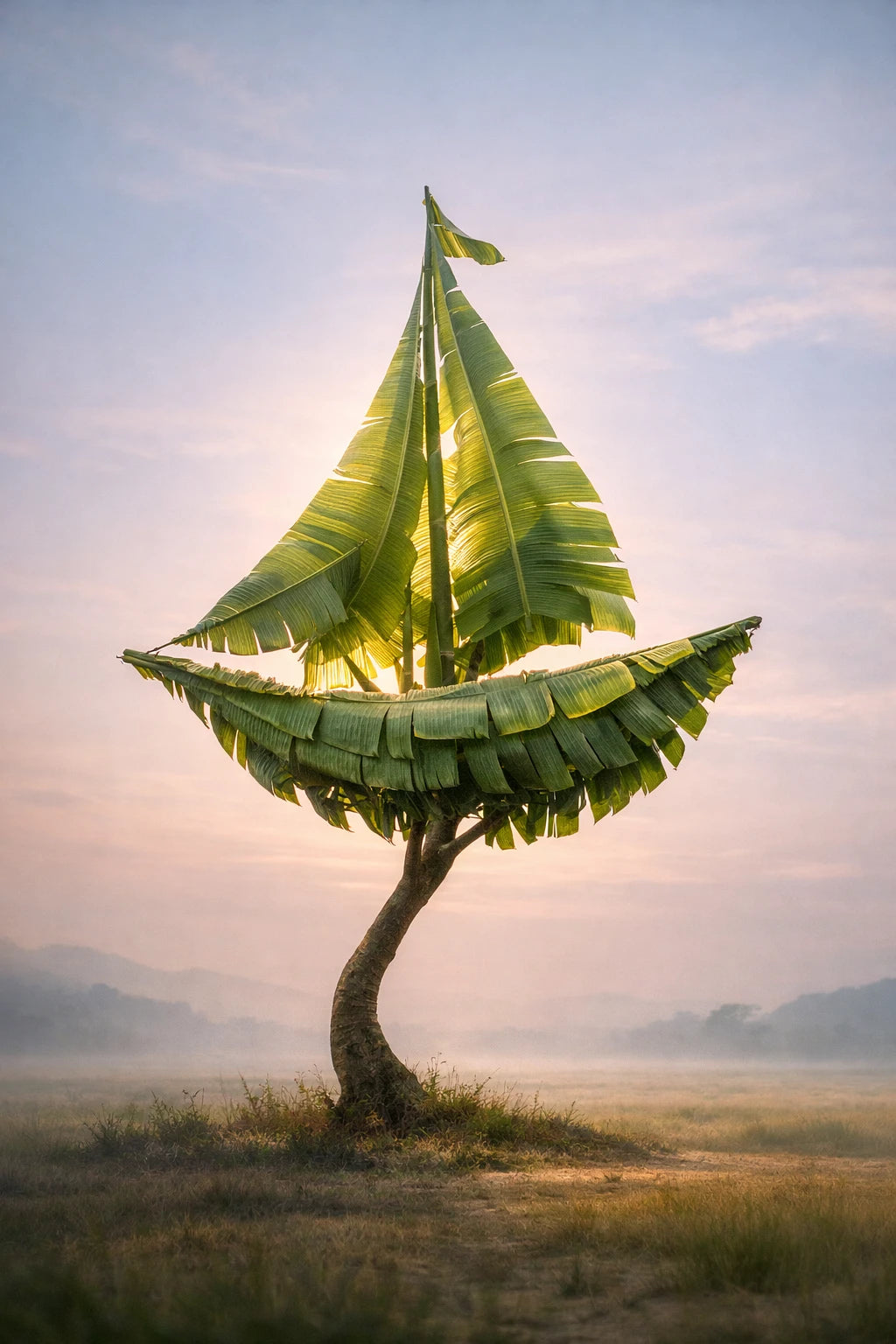 Surreal fine-art trees shaped like sail boat silhouettes in cinematic pastel landscape with dreamlike lighting