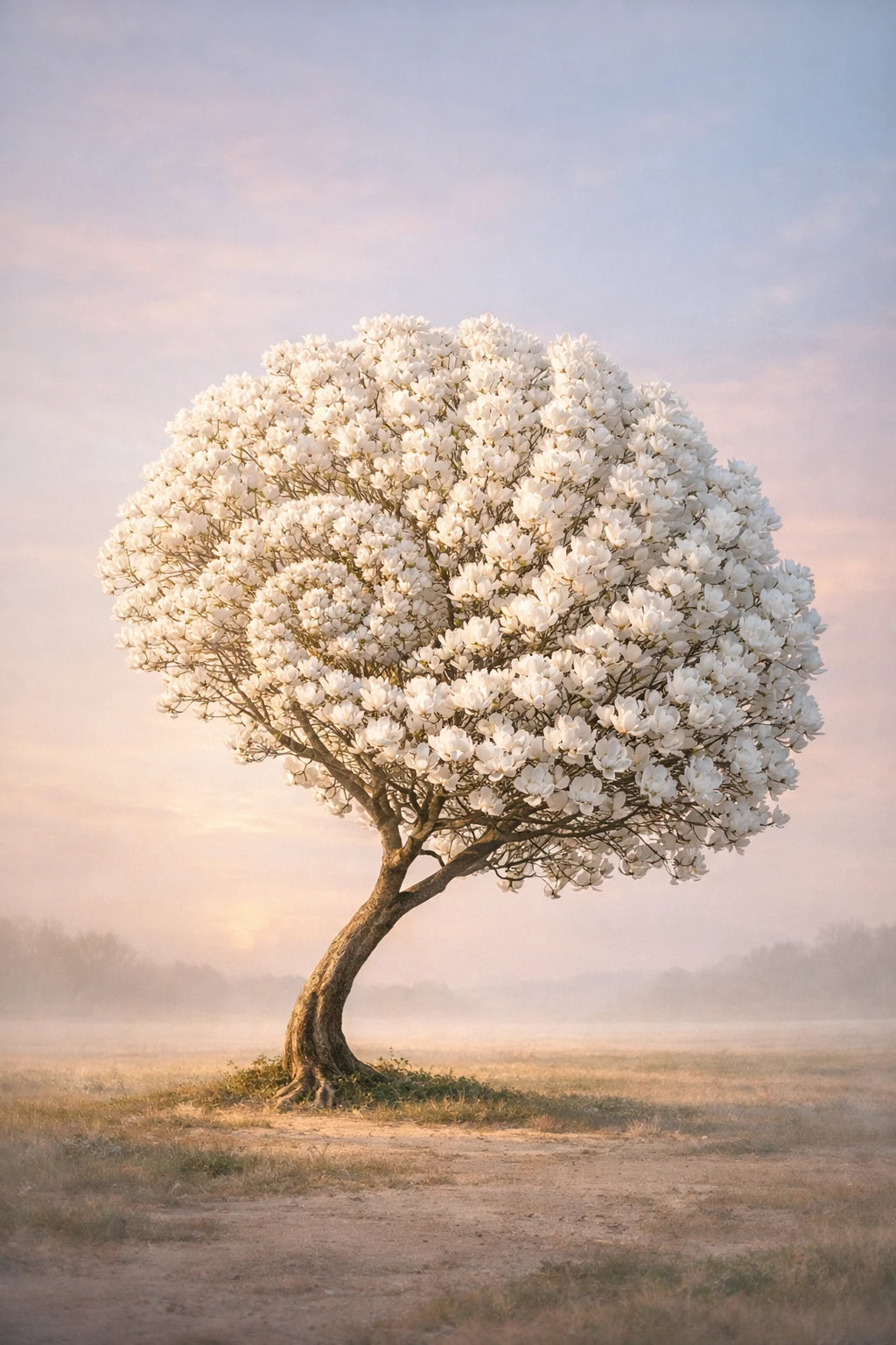 Surreal fine-art trees shaped like seashell silhouettes in cinematic pastel landscape with dreamlike lighting